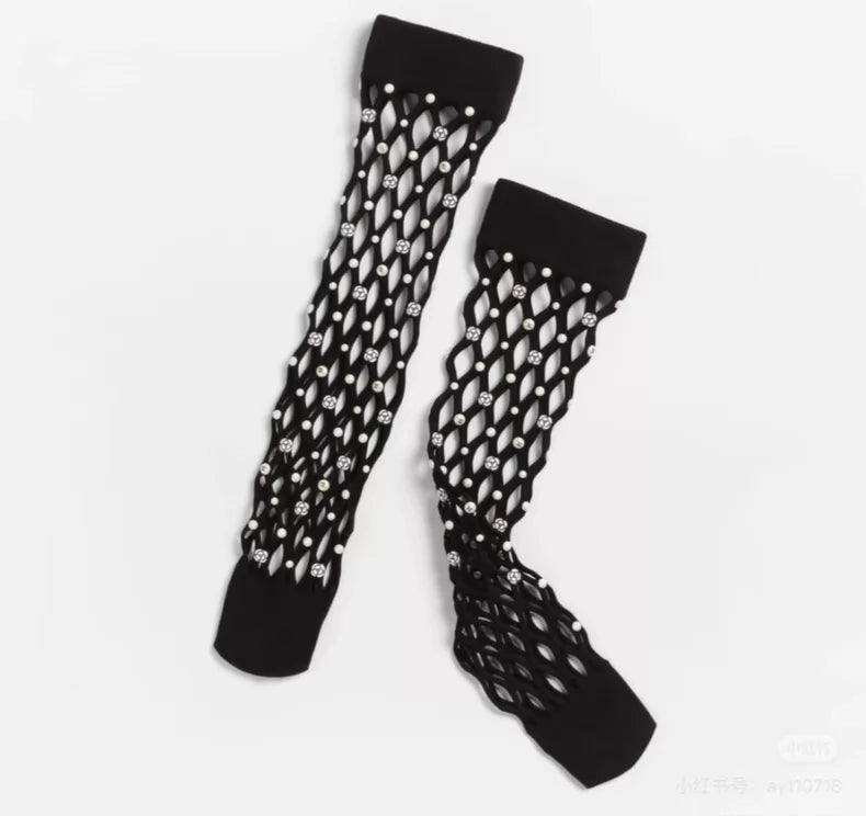 Chanel 25B black camellia knee-high socks