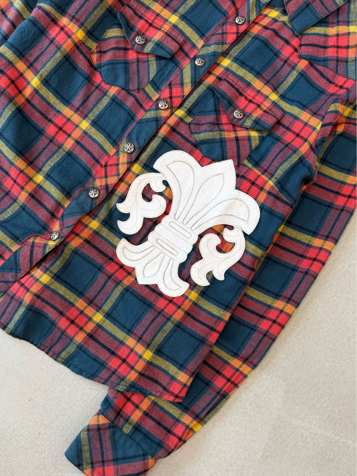 Chrome Hearts Scout Floral Emblem Patchwork Back Fleur Flame-Patterned Plaid Shirt