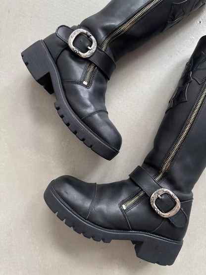Chrome Hearts Harley Davidson Women's Trident Cross Leather Boots with Double Swords and Silver Zipper