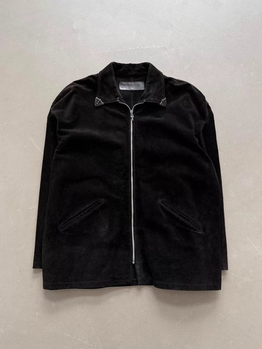 Chrome Hearts silver-trimmed collar, Fleur flame suede zip-up Jacket