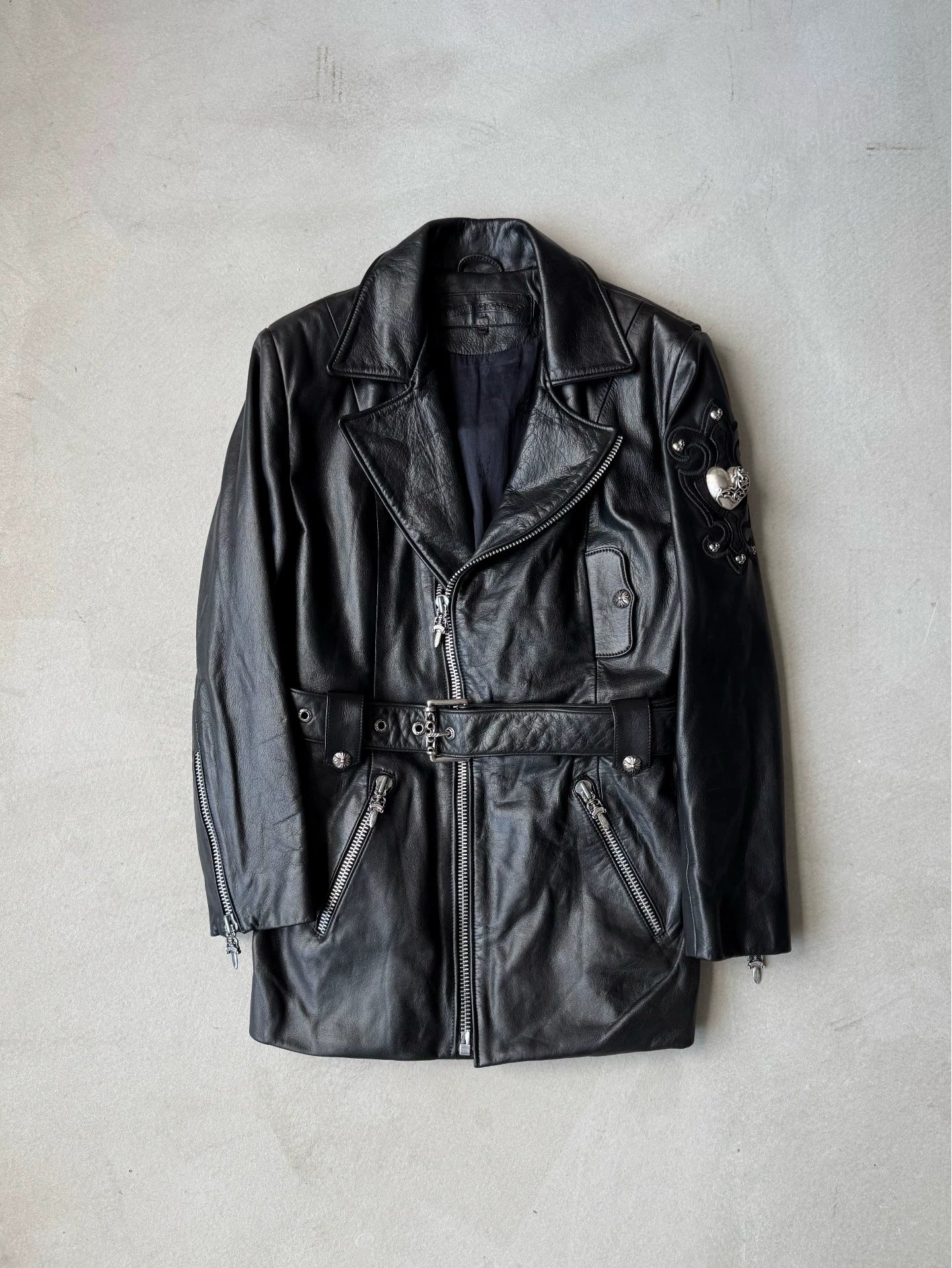 Chrome Hearts Vine Heart Silver Embroidered Detachable Scroll Belt Leather Jacket