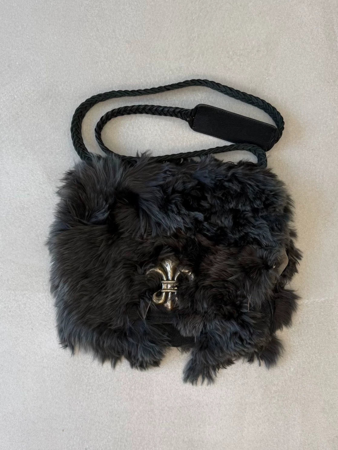 Chrome Hearts BS Scout Flower Silver Cross Appliqué Fur Sheath Crossbody Bag
