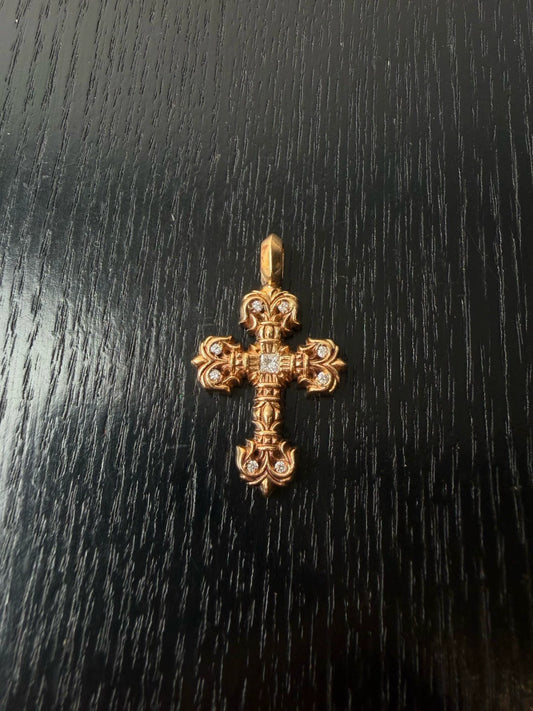 Chrome Hearts 22k gold diamond flame cross pendant