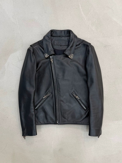 Chrome Hearts leather motorcycle jacket with silver cross detail on the back