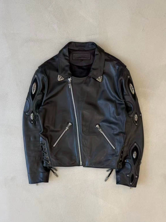 Chrome Hearts leather motorcycle jacket with silver iris embellishments on the arms and back.