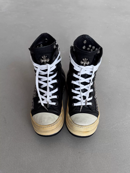 Chrome Hearts x Rick Owens silver side-mounted sugar cube cross design, RO Converse sneakers