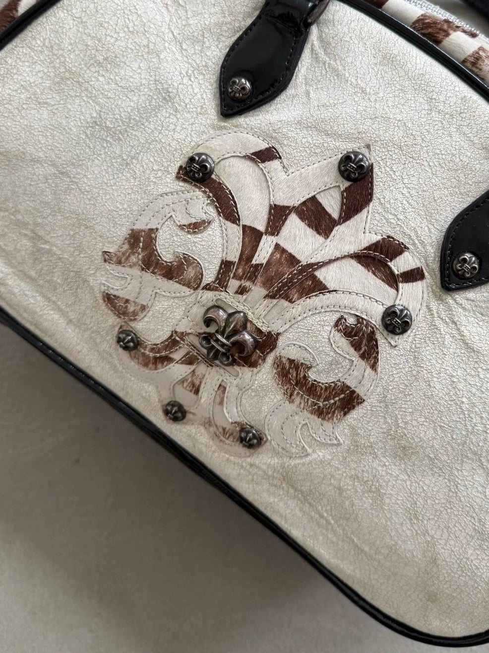 Chrome Hearts BS Scout Flower Silver Applied Leather "CH" Charm Horsehair Crackle Leather Bowling Bag