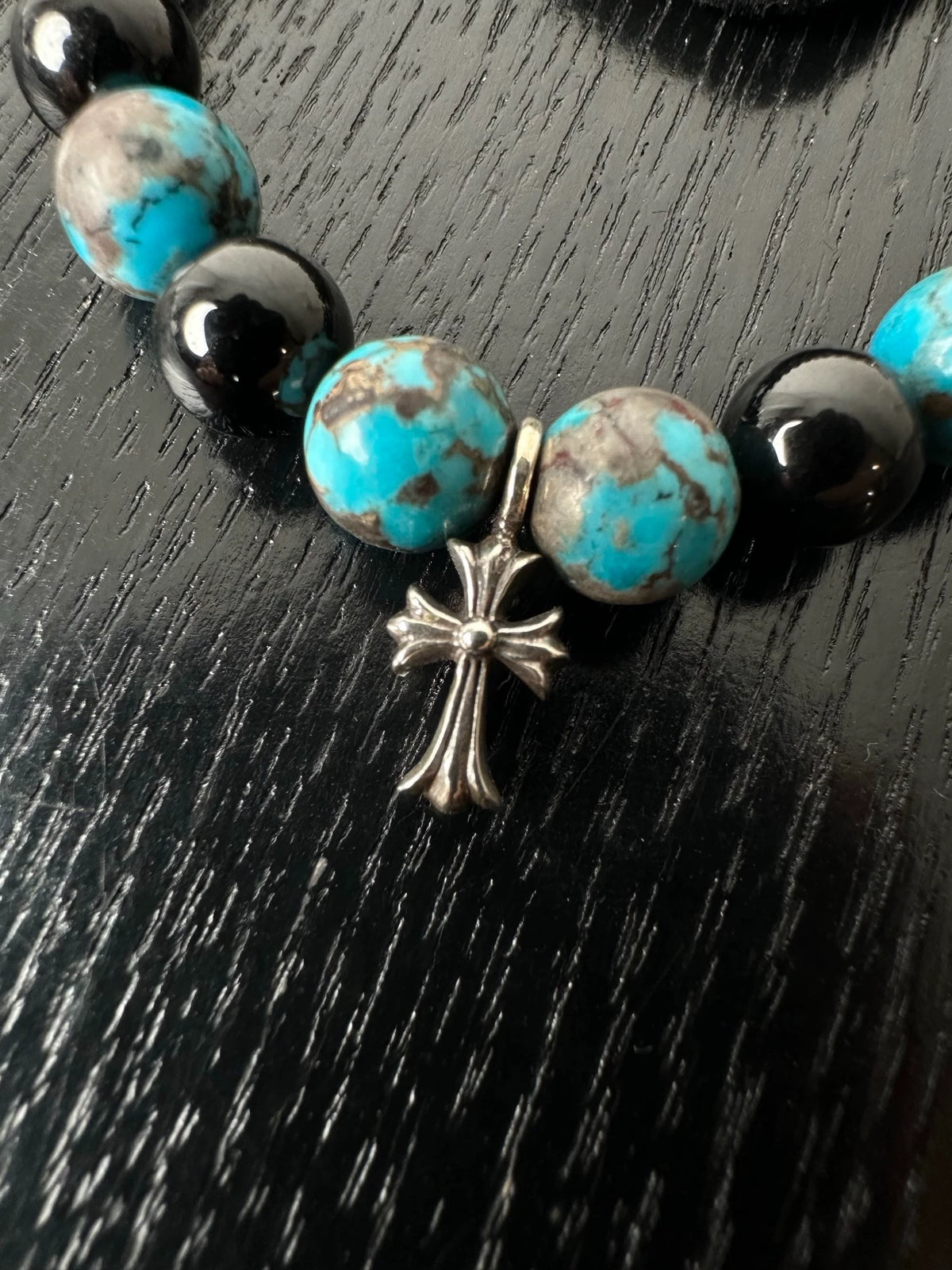 Chrome Hearts Sterling Silver Obsidian Cross Bracelet