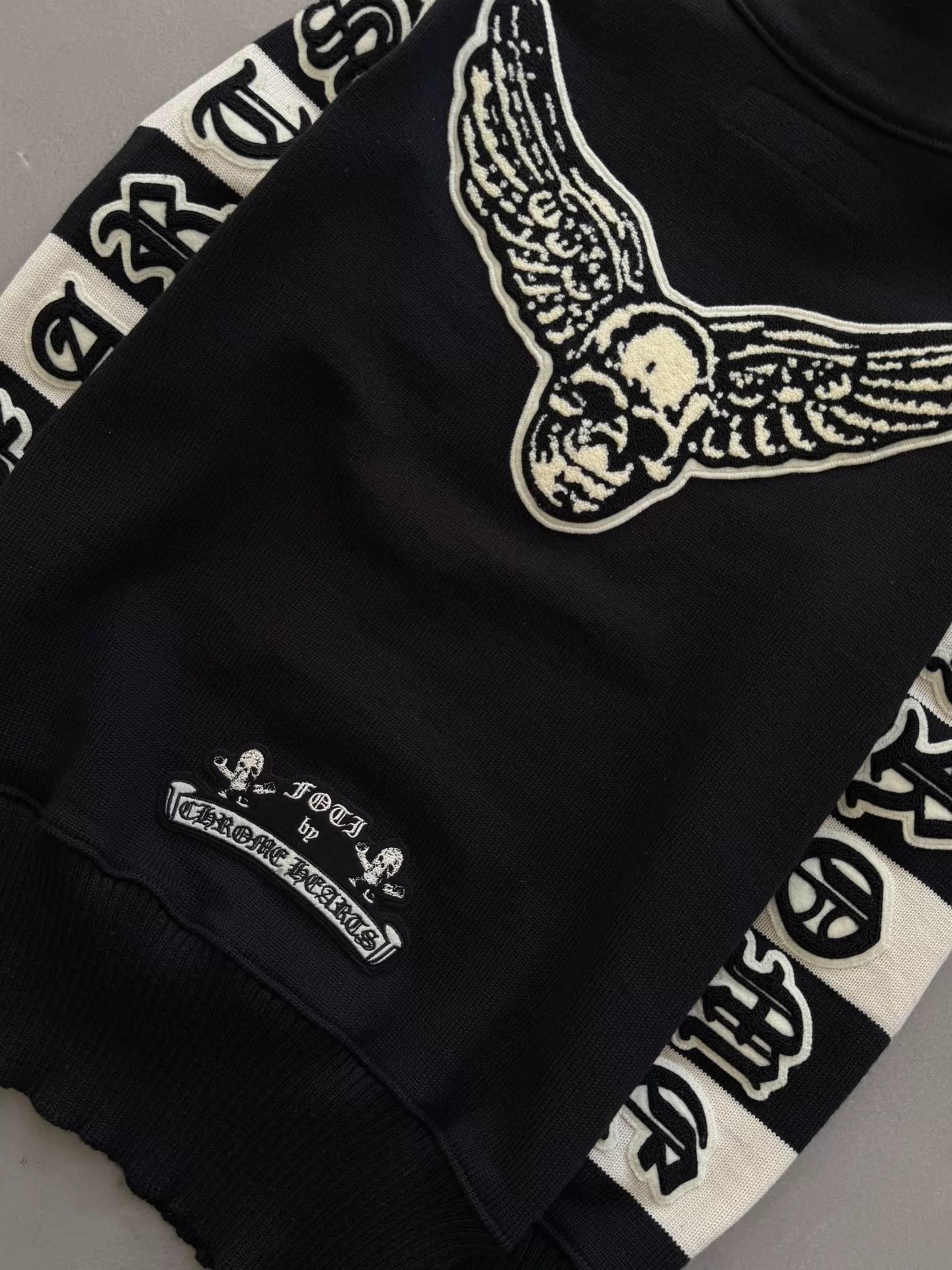 Chrome Hearts Sanskrit floral print front and back Foti patch half-zip wool knit sweater