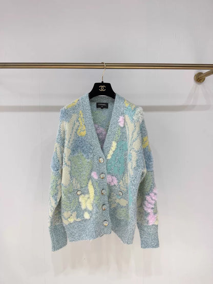 Chanel 25A Bleu Multicolore Feather Cardigan