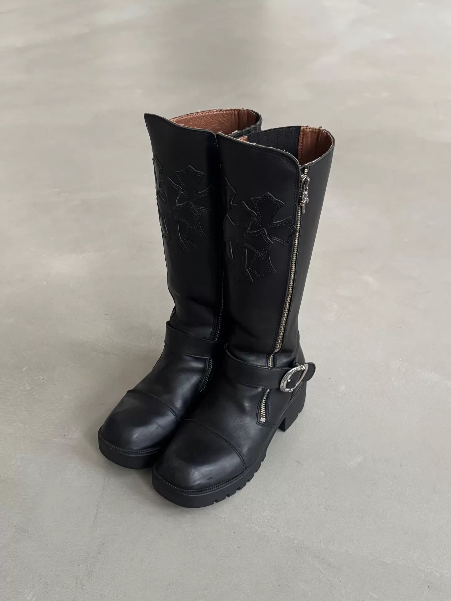 Chrome Hearts Harley Davidson Women's Trident Cross Leather Boots with Double Swords and Silver Zipper