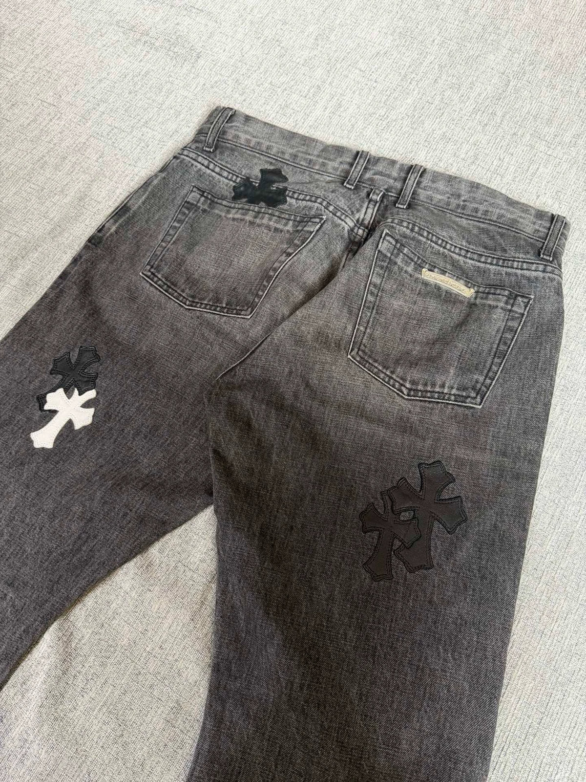Chrome Hearts Black/Grey Flame Cross Patchwork Jeans