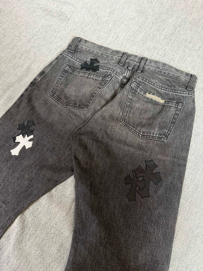 Chrome Hearts Black/Grey Flame Cross Patchwork Jeans