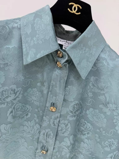 Chanel 25A green floral silk shirt