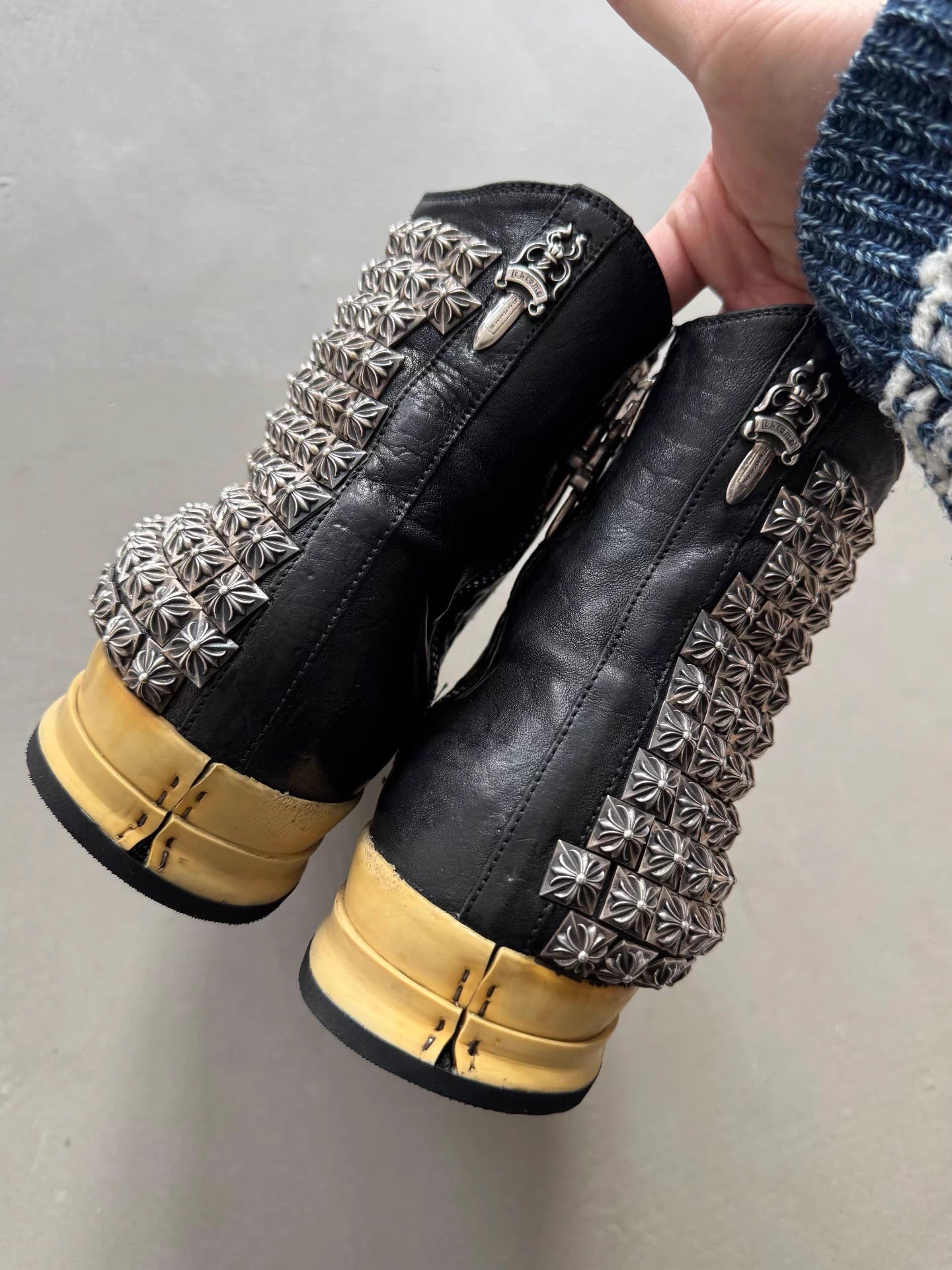 Chrome Hearts x Rick Owens silver side-mounted sugar cube cross design, RO Converse sneakers