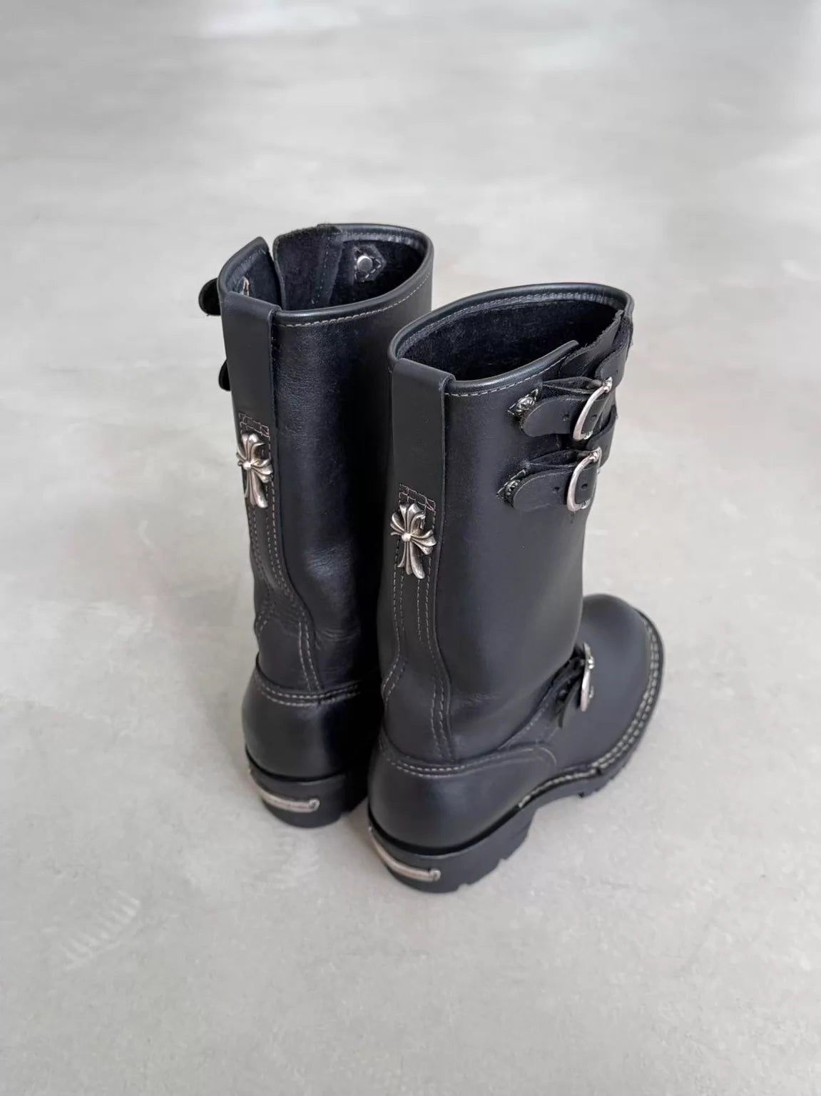 Chrome Hearts x Wesco Women's Double Gunslinger Adjustable Buckle Cross Silver Engineer Leather Boots