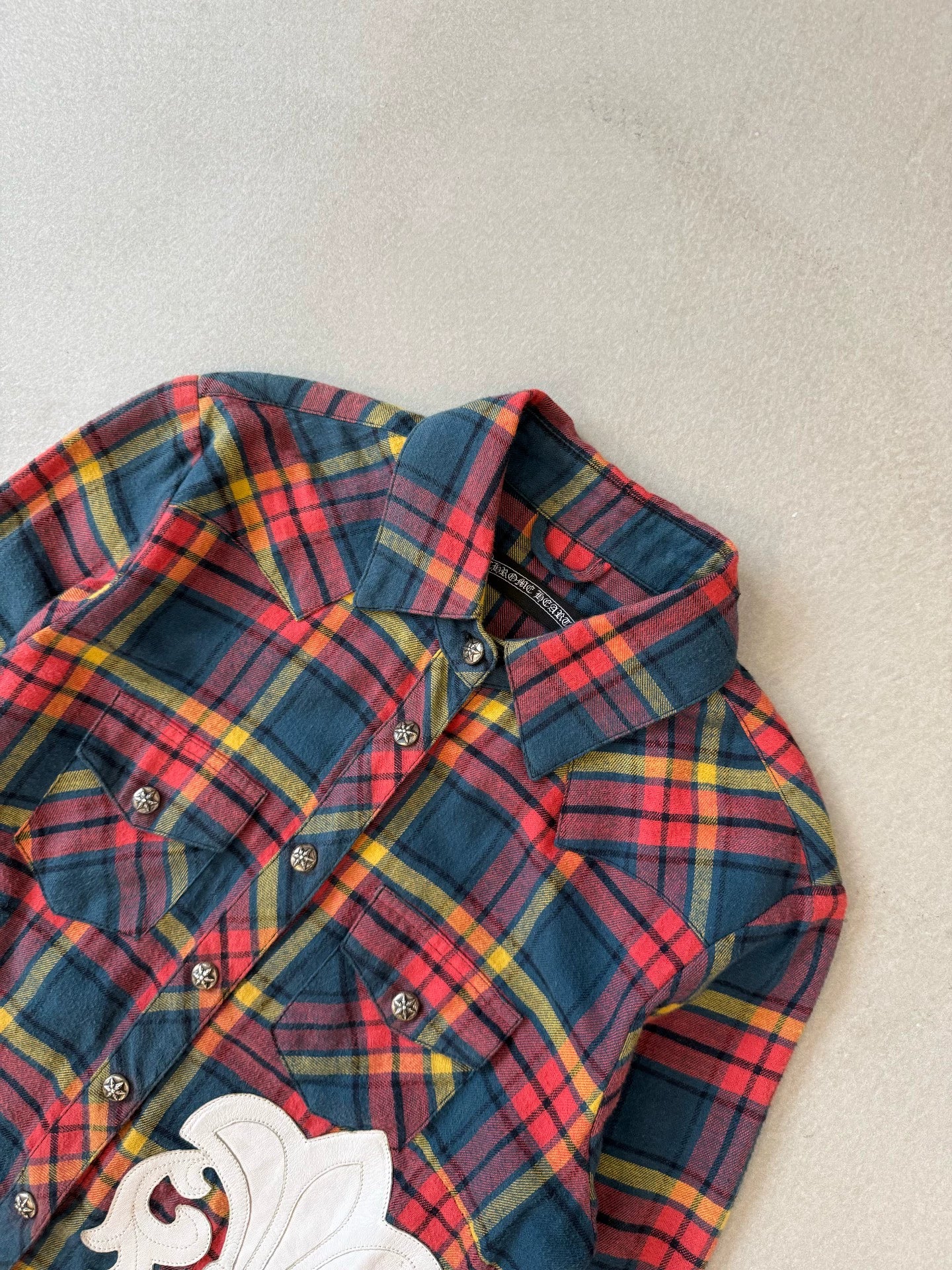 Chrome Hearts Scout Floral Emblem Patchwork Back Fleur Flame-Patterned Plaid Shirt