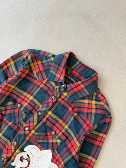 Chrome Hearts Scout Floral Emblem Patchwork Back Fleur Flame-Patterned Plaid Shirt