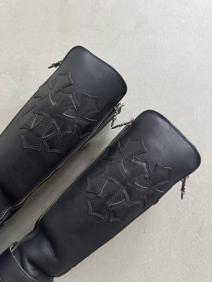 Chrome Hearts Harley Davidson Women's Trident Cross Leather Boots with Double Swords and Silver Zipper