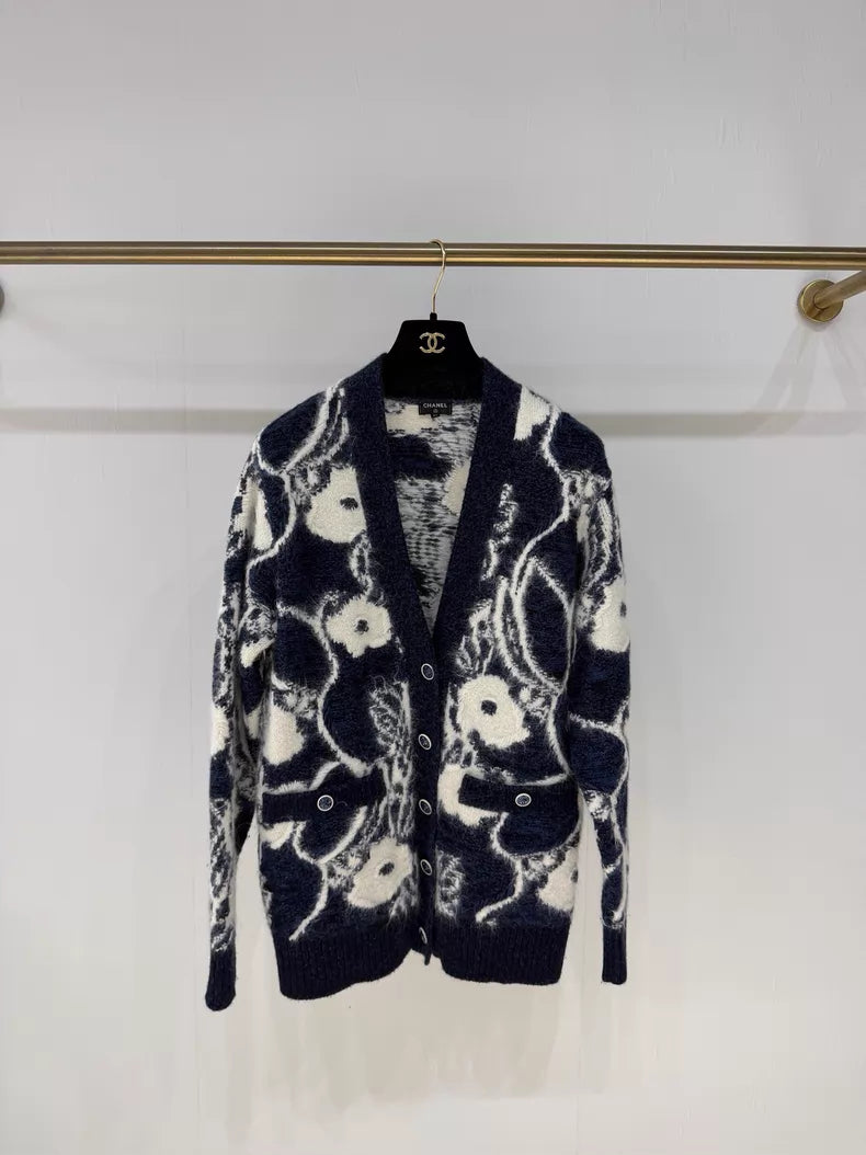 Chanel 22B Blue and White Floral Cardigan