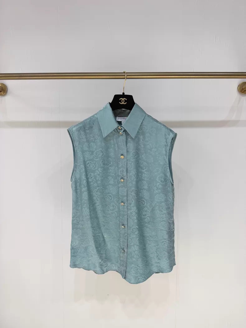 Chanel 25A green floral silk shirt