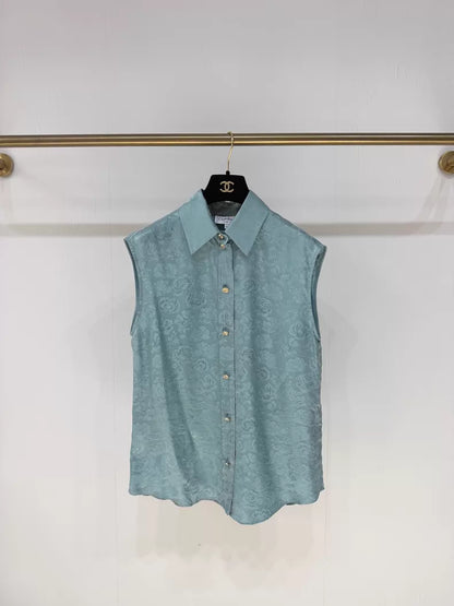 Chanel 25A green floral silk shirt