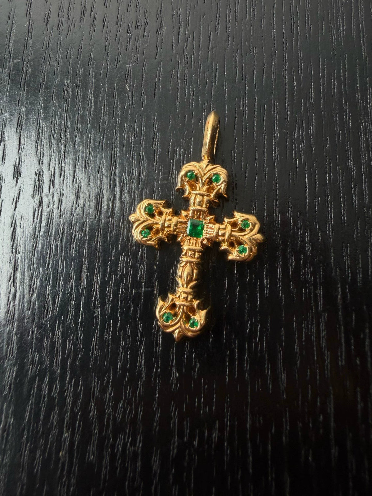 Chrome Hearts 22k Gold Emerald Flame Cross Pendant