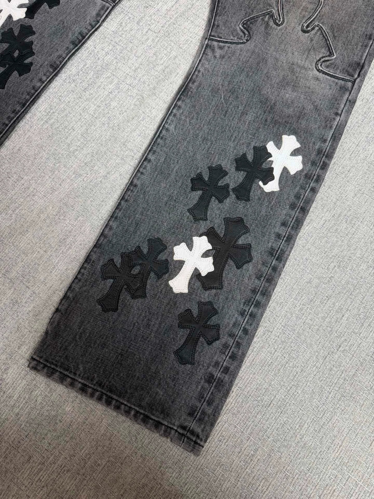 Chrome Hearts Black/Grey Flame Cross Patchwork Jeans