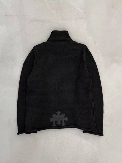 Chrome Hearts chunky knit jacket with trident cross patch and leather zip-up back