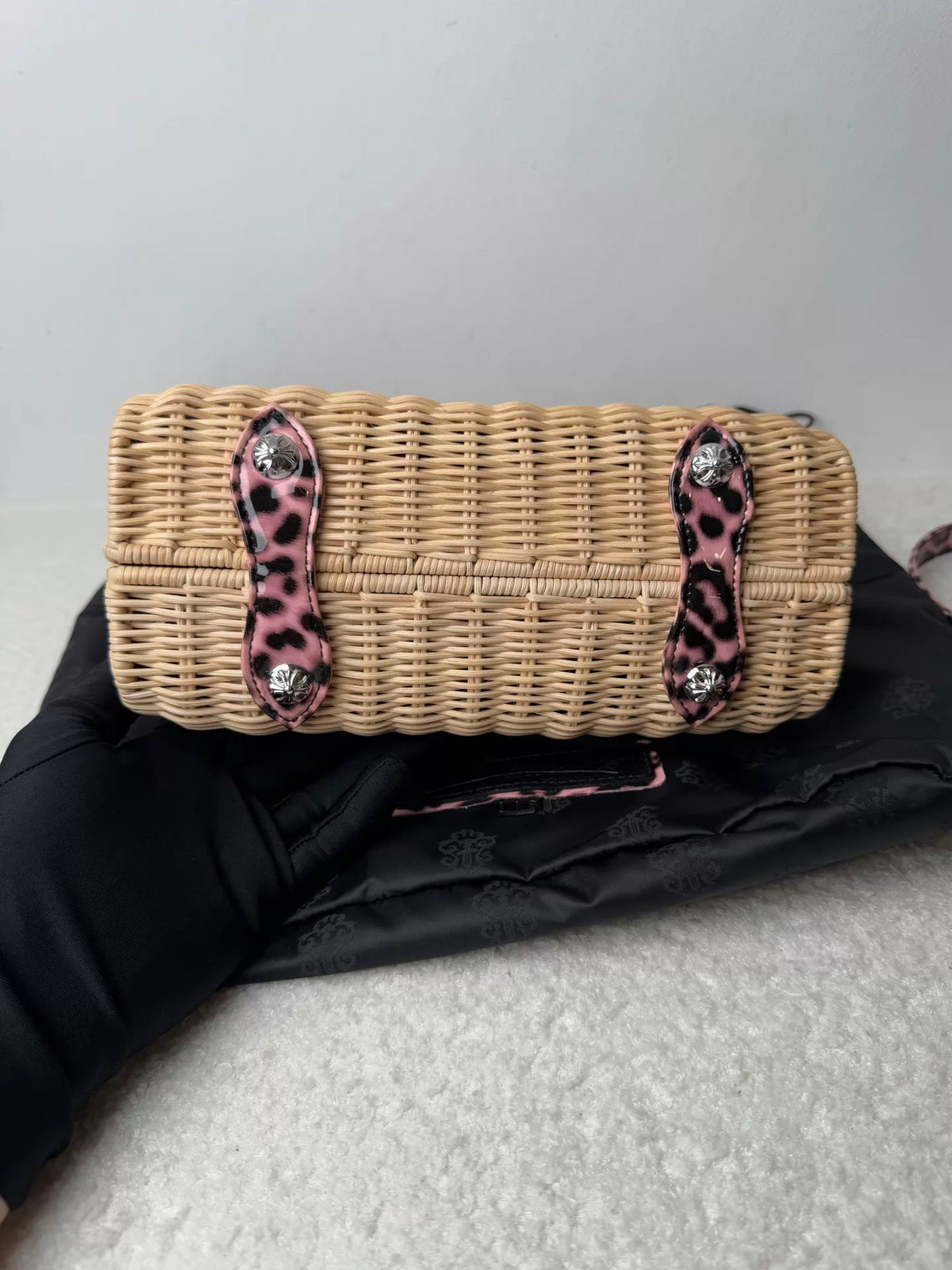 Chrome Hearts cross-patterned leopard print patent leather bamboo bag
