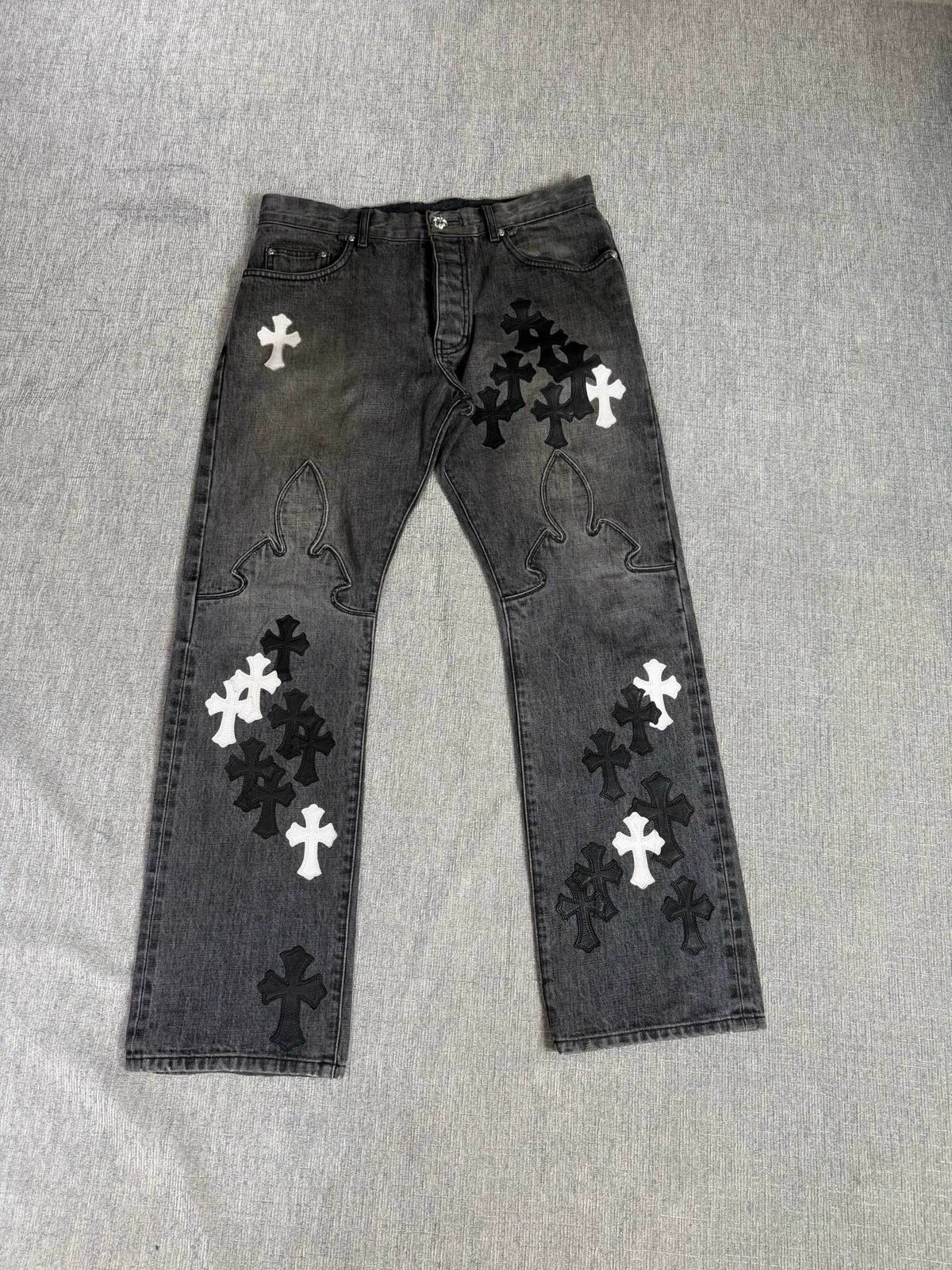 Chrome Hearts Black/Grey Flame Cross Patchwork Jeans