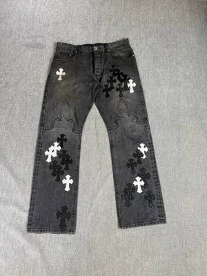 Chrome Hearts Black/Grey Flame Cross Patchwork Jeans