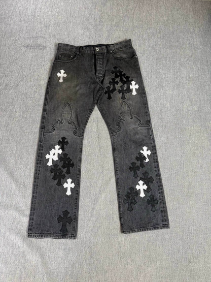 Chrome Hearts Black/Grey Flame Cross Patchwork Jeans