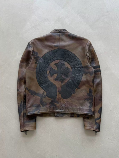 Chrome Hearts horseshoe cross pattern leather camouflage racing motorcycle jacket