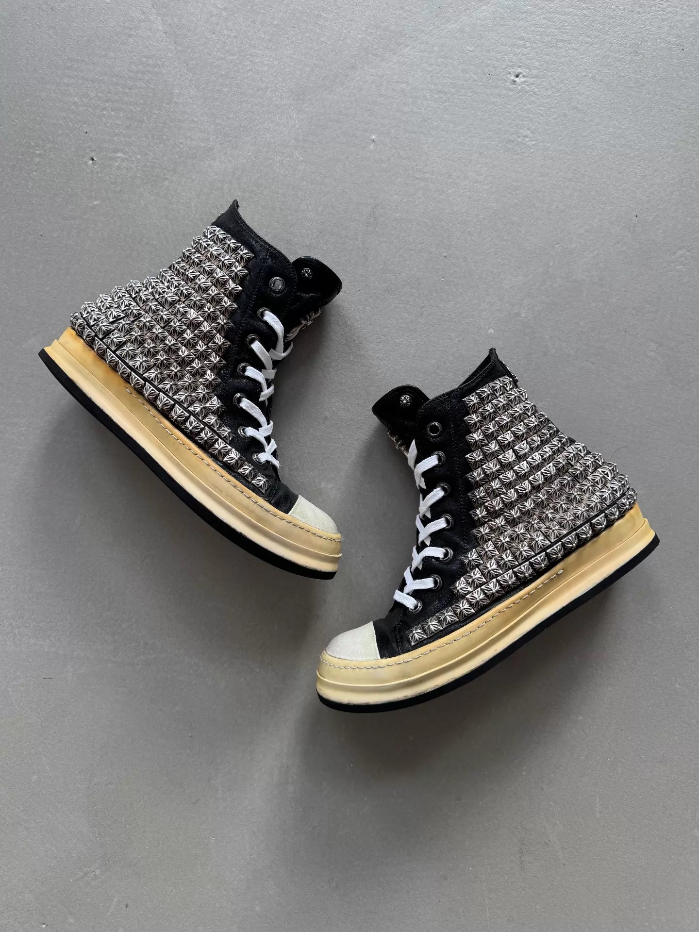 Chrome Hearts x Rick Owens silver side-mounted sugar cube cross design, RO Converse sneakers