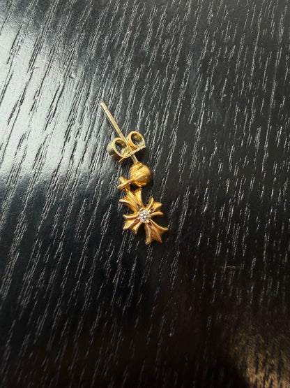 Chrome Hearts 22k Gold Diamond Tiny Cross Flower Earrings