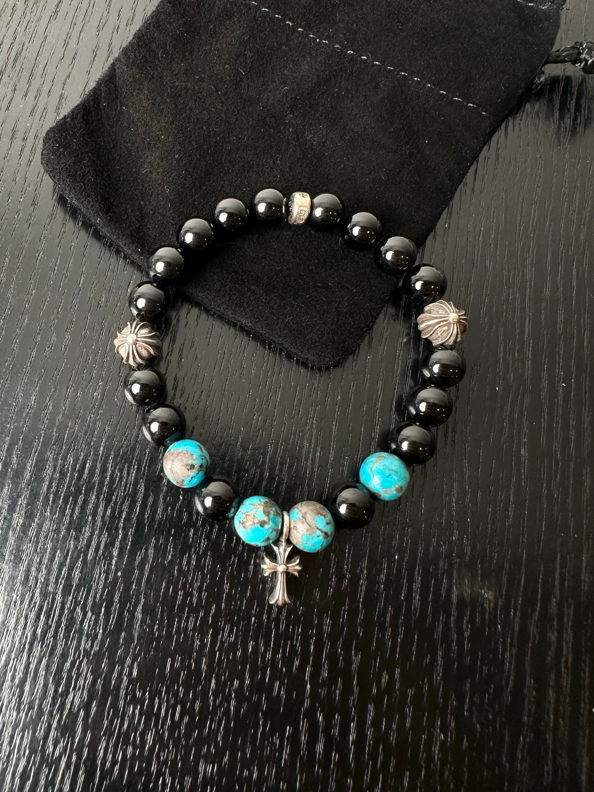 Chrome Hearts Sterling Silver Obsidian Cross Bracelet
