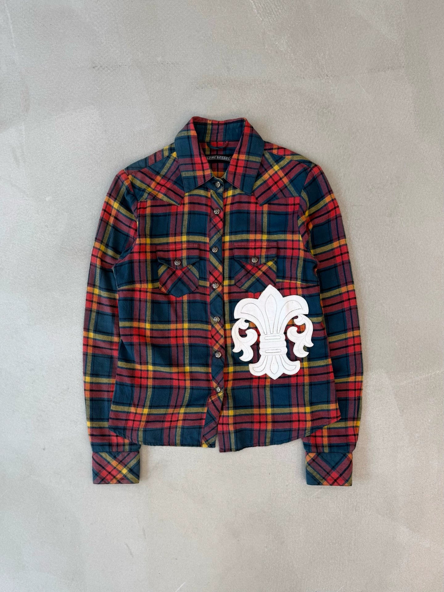 Chrome Hearts Scout Floral Emblem Patchwork Back Fleur Flame-Patterned Plaid Shirt