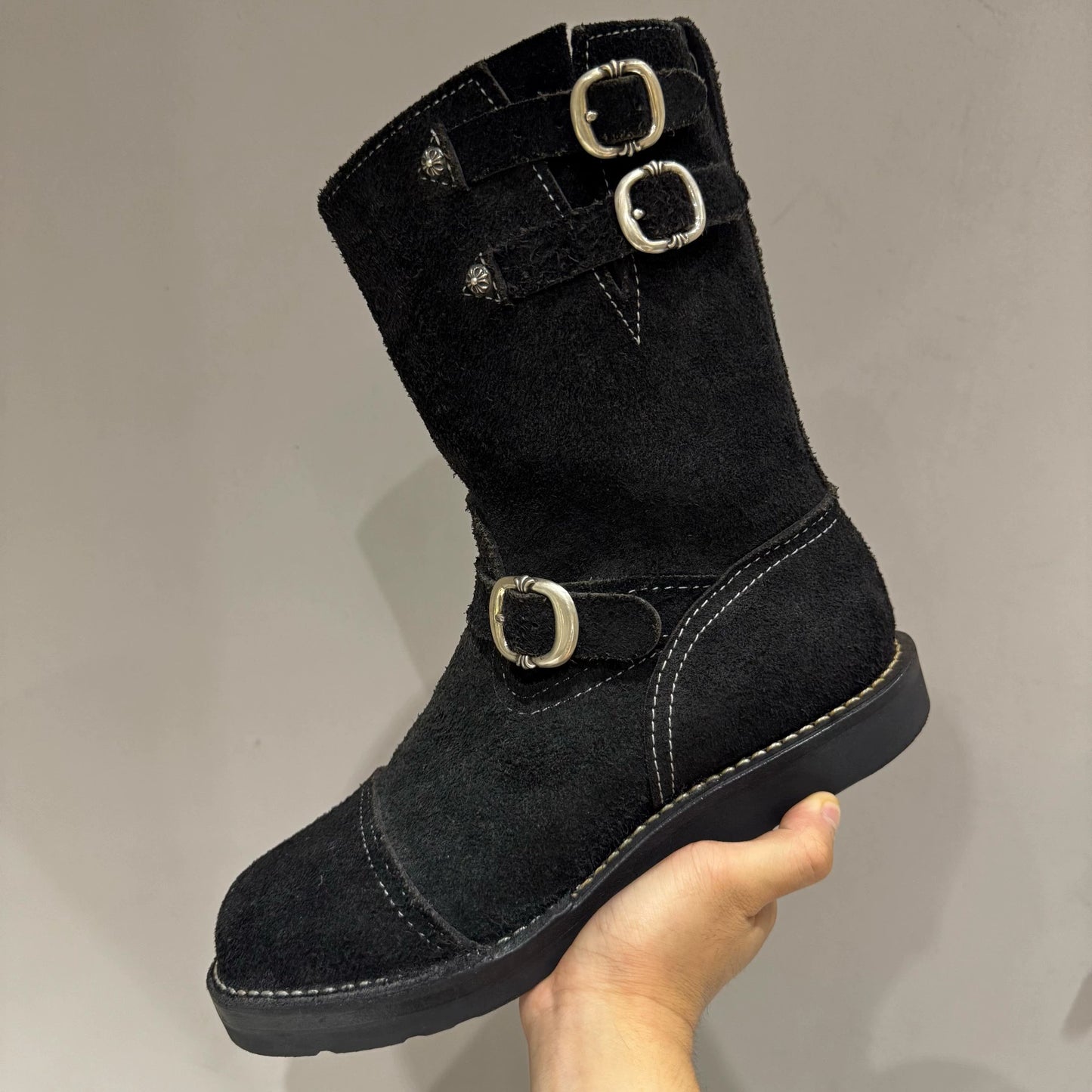 Chrome Hearts x Wesco Suede Gunslinger Buckle with Silver Cross Back Engineer Boots
