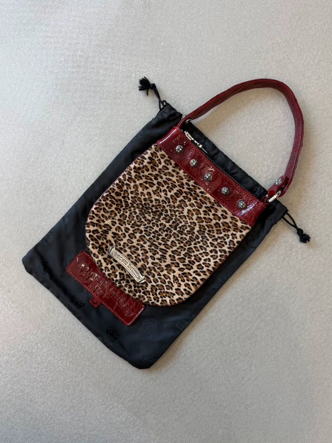 Chrome Hearts Leopard Print Horse Hair Red Patent Leather Handbag
