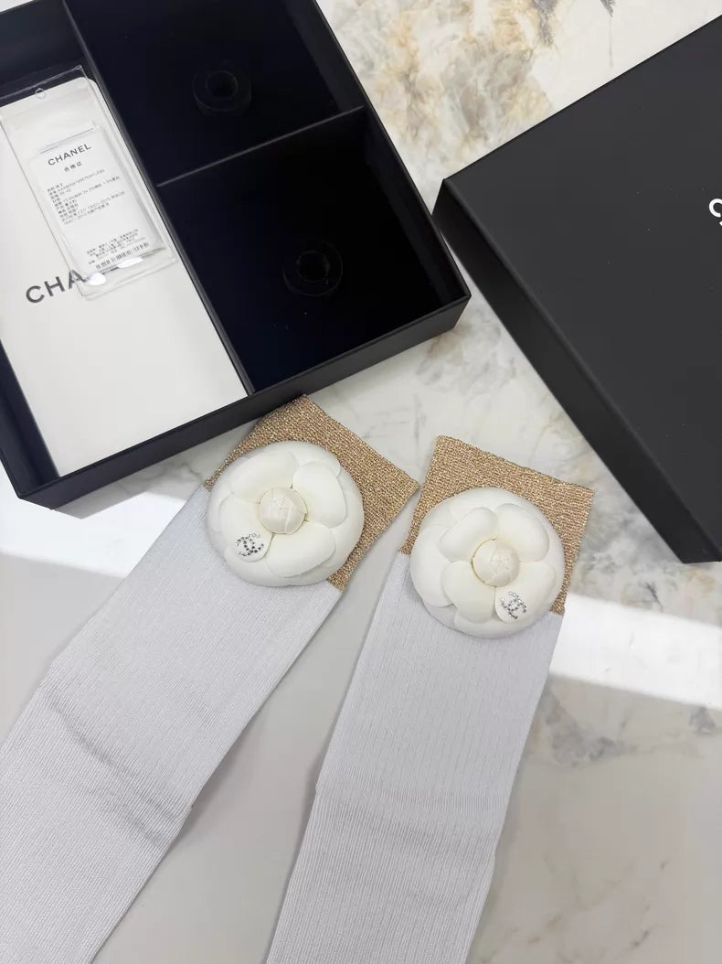 Chanel 25p gold camellia short socks