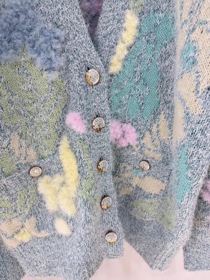 Chanel 25A Bleu Multicolore Feather Cardigan