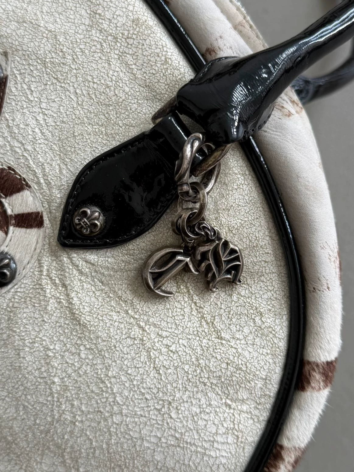 Chrome Hearts BS Scout Flower Silver Applied Leather "CH" Charm Horsehair Crackle Leather Bowling Bag