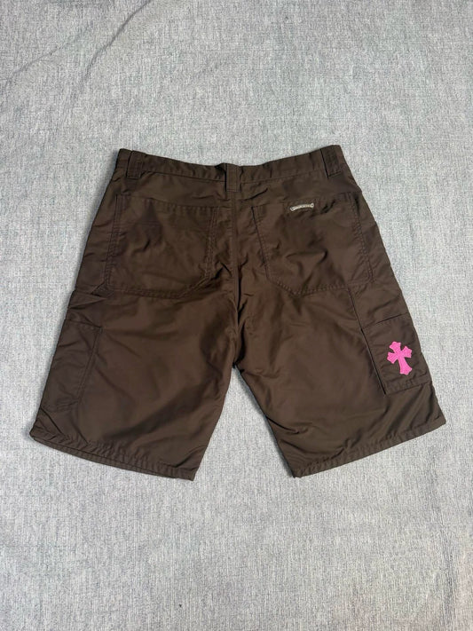 Chrome Hearts brown knee-high leather cargo shorts
