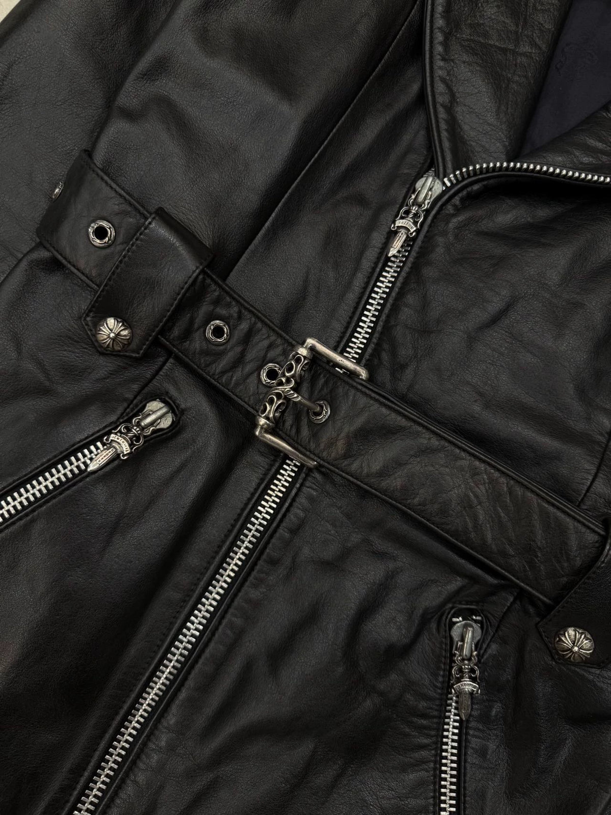 Chrome Hearts Vine Heart Silver Embroidered Detachable Scroll Belt Leather Jacket