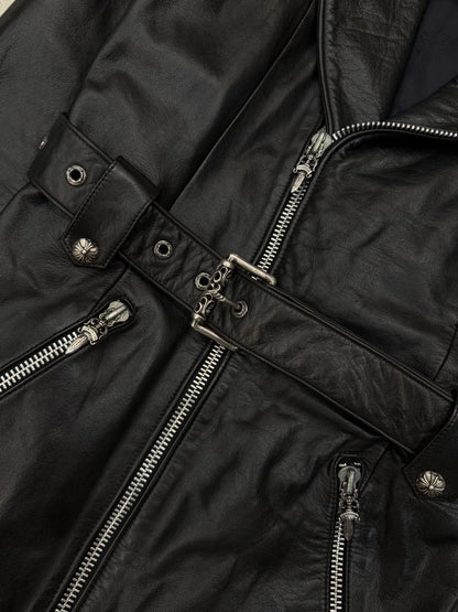 Chrome Hearts Vine Heart Silver Embroidered Detachable Scroll Belt Leather Jacket
