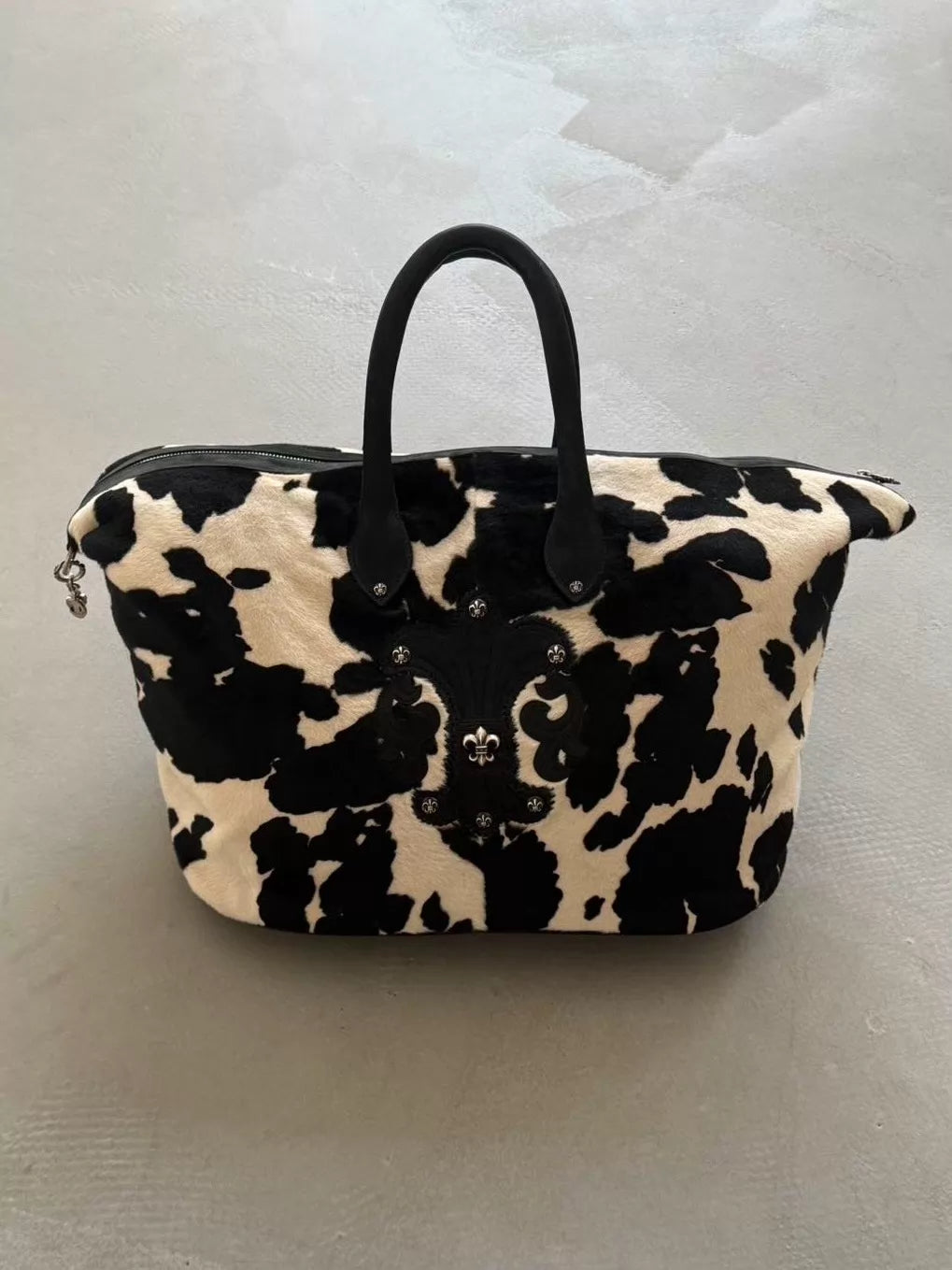 Chrome Hearts BS Scout Flower Silver Applied Leather "CH" Charm Cow and Horse Hair Handbag Travel Bag