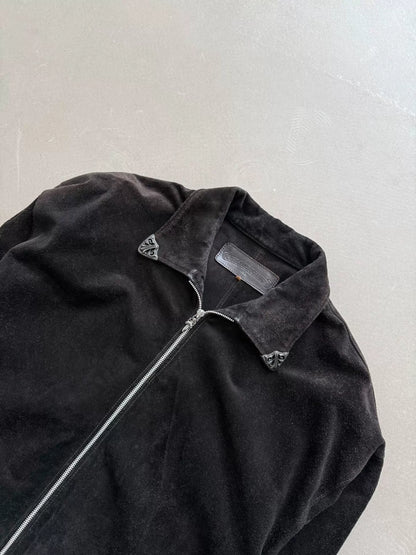 Chrome Hearts silver-trimmed collar, Fleur flame suede zip-up Jacket
