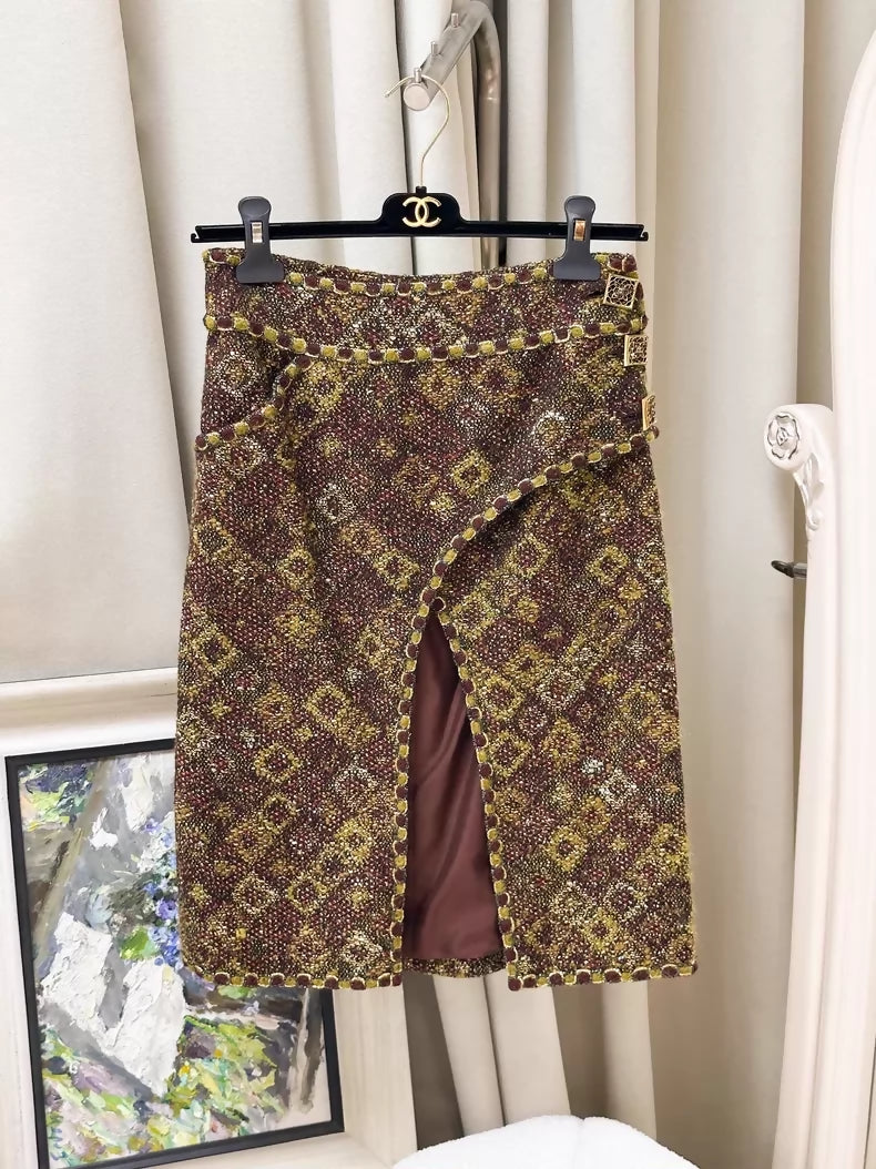 Chanel 2011 red and gold tweed skirt