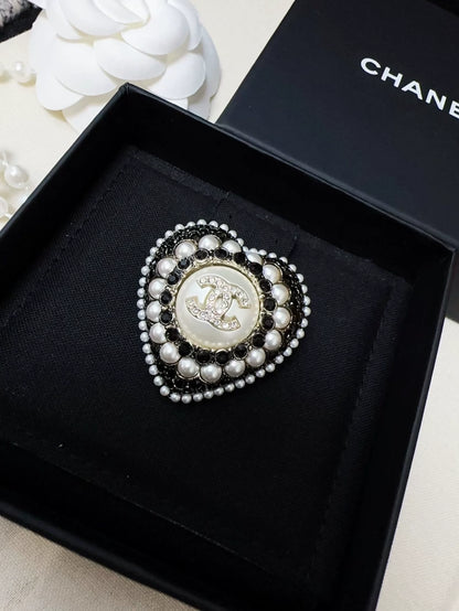 Chanel 22 Black and White Heart with Pearl and Rhinestone Double C Brooch